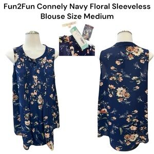 NWT Fun2Fun Blue Floral Tunic Sleeveless Blouse Medium